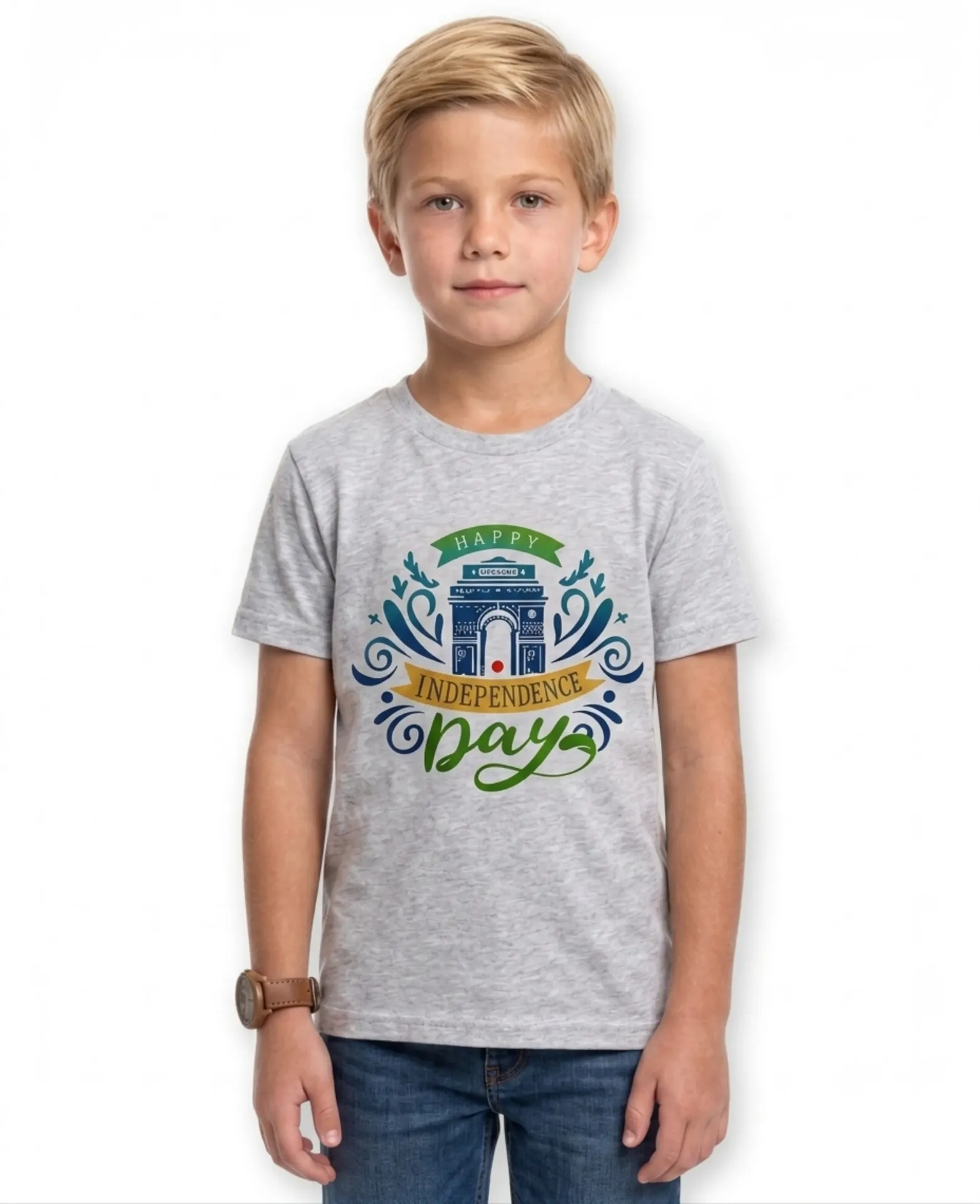 Double F Round Neck Half Sleeve Boys Happy independence day  Printed T-Shirts