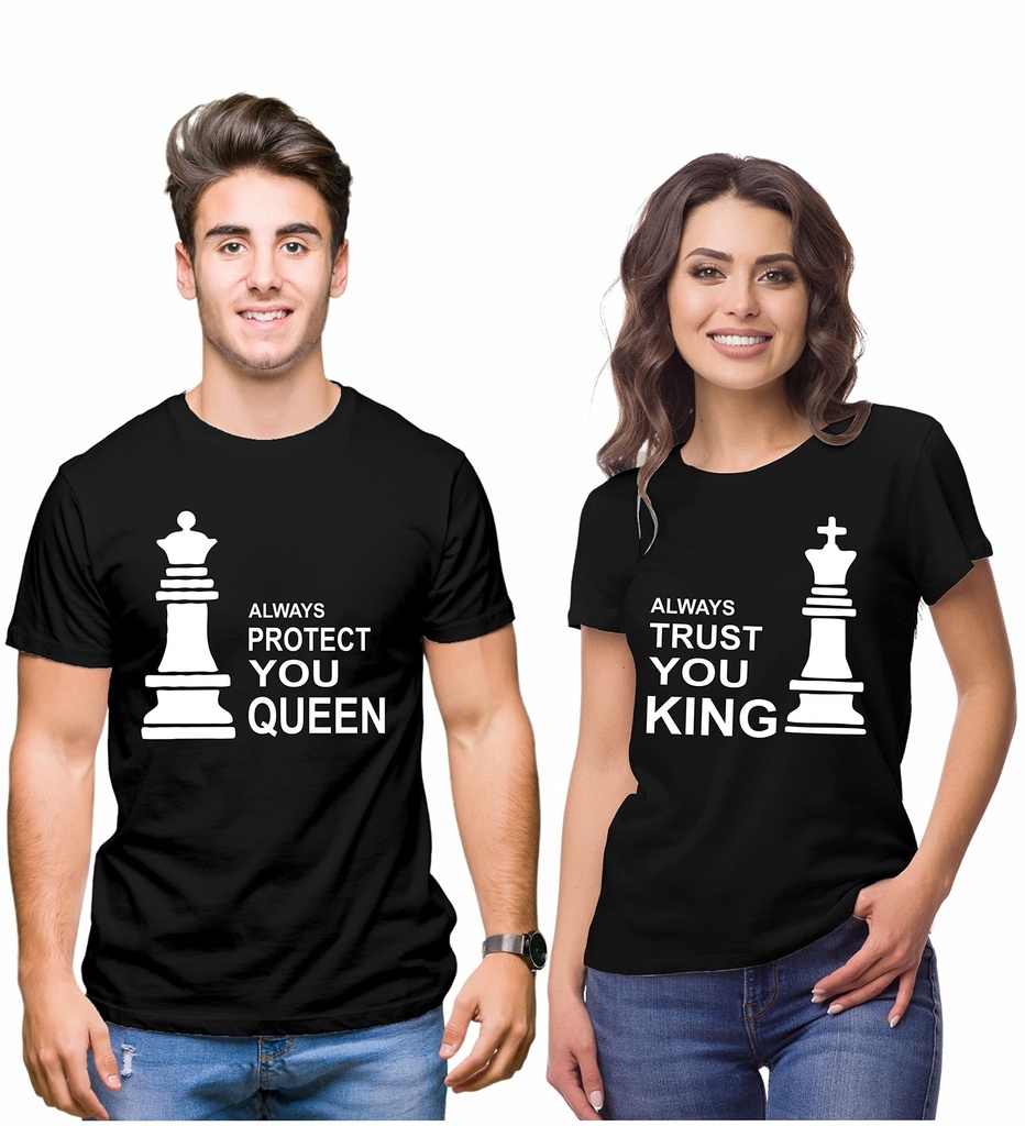 DOUBLE F Round Neck Half Sleeve What's A King Without Queen Couple T-Shirt (Black, S, S)