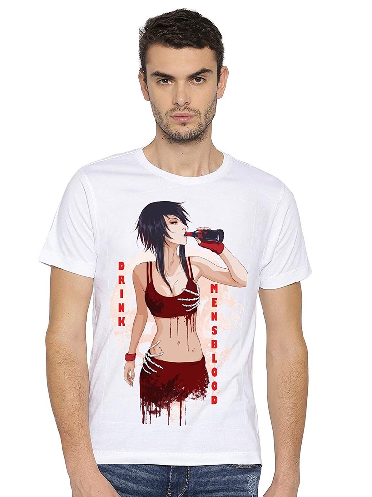 Double F Branded Round Neck Half Sleeve Drink MENSBLOOD Printed T-Shirts (S)