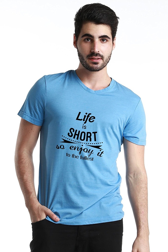 Double F Round Neck Life is Short SO Enjoy Printed T-Shirts BWRN21 Sky blue (S)